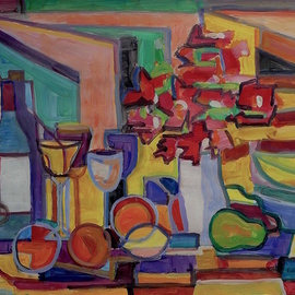 Juan-luis Quintana: 'spring flowers and glasses', 2019 Acrylic Painting, Still Life. Artist Description: This is an original piece Acrylic on paper of Juan Luis Quintana. Of the Portfolio Still Lifes in cubism style. ...