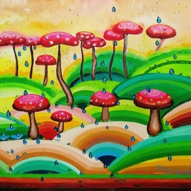 Radosveta Zhelyazkova: 'mushroom forest', 2018 Oil Painting, Surrealism. Artist Description: FREE SHIPPING WORLDWIDE READY - TO - HANG100  HANDMADE ARTWORKName: Mushroom forest  Artist: Radosveta Zhelyazkova  Medium: Professional oil paint, UV protected varnish on canvas  Size: 50 x 40 x 2 cm  Style: Naive Art, Radism  Date of creation: January 2018  Comes with a certificate of authenticity and an ...