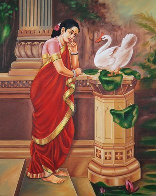 Ragunath Venkatraman: 'Hamsa Damayanthi', 2012 Oil Painting, Communication.  Hamsa Damayanthi- beautifulRavi Varmapainting replicaPrincess Damayanthi talking with Royal Swan about Nalan. The story is a side story of the epic MAHABHARATHAM. Nala is a king belonging to the Chandravamsha. He falls in love with Damayanti, the daughter of King Bhima of Vidarbha. Nala is inflamed with love and...