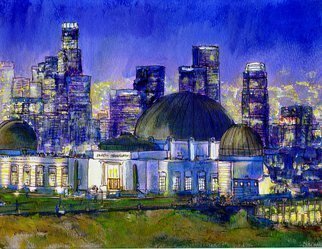 Randy Sprout: 'Griffith Park Observatory with LA Nocturne', 2014 Acrylic Painting, Cityscape.    8. 5X11 Pen & Ink study with soft pastels on # 140 Strathmore water color paper. The little girl in the middle had fallen down behind these falls and the entire family was responding to help her. This is the first work completed and colored from my recent road trip up through...