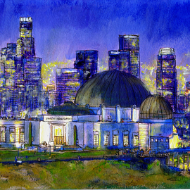 Randy Sprout: 'Griffith Park Observatory with LA Nocturne', 2014 Acrylic Painting, Cityscape. Artist Description:    8. 5X11 Pen & Ink study with soft pastels on # 140 Strathmore water color paper. The little girl in the middle had fallen down behind these falls and the entire family was responding to help her. This is the first work completed and colored from my recent road trip ...