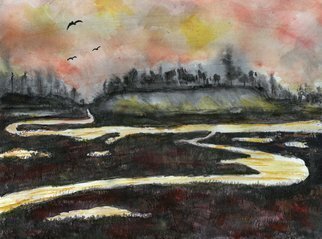 Randy Sprout: 'back bay after sunset', 2019 Other Painting, Seascape. Sumi Ink with Water Colors...