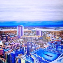 Rasheed Amodu: 'lagos island to mainland', 2019 Acrylic Painting, Landscape. Artist Description: Lagos Island to Mainland: Three Gateways is an acrylic on canvas landscape painting of parts of Lagos Island with Lagos Mainland in the horizon. One of my answers to the question on whether I do landscape on big canvas or not by art critics and patrons among others ...
