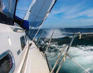 Dick Drechsler: 'hard on the wind', 2018 Color Photograph, Sailing. This picture was taken on a Catalina 470 as she beat into the wind off the west coast of Baja, Mexico. ...