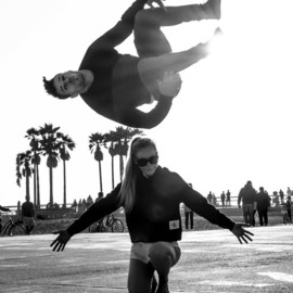 Dick Drechsler: 'the flying tourist', 2018 Black and White Photograph, Americana. Artist Description: This picture was captured in Venice, CA as a tourist was exhibiting his athletic skills. ...