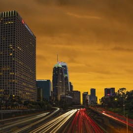 Dick Drechsler: 'the la sky is on fire', 2018 Color Photograph, Architecture. Artist Description: The sky over LA seemed to be on fire the night I shot this image. ...