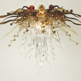 Ed Pennebaker: 'chandelier number 639', 2019 Glass Sculpture, Abstract. Artist Description: Sculptural light consists of 110 glass pieces on a steel armature with lighting inside.  Stainless steel cable and canopy cover included to hang chandelier from ceiling. ...