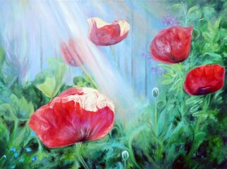 Richard Freer: 'poppies in the garden', 2023 Oil Painting, Expressionism. Poppies with light in a garden. ...
