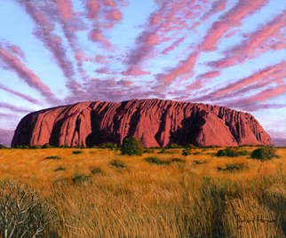 Richard Harpum: 'Uluru Sunset Ayers Rock, Central Australia', 2014 Acrylic Painting, Landscape.  My family and I visited Uluru ( Ayers Rock) in December 2000, as part of a wonderful vacation of Australia. It is one of the largest monoliths in the world. Made of arkosic sandstone, Uluru rises 1,142 ft ( 348 metres) above the desert floor and has a circumference of 5...