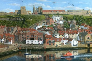Richard Harpum: 'Whitby Harbour North Yorkshire', 2016 Acrylic Painting, Landscape.  This painting of Whitby Harbour in North Yorkshire, England, was a commission for Falcon Jigsaw Puzzles. The painting shows the ruins of Whitby Abbey on the top of the east cliff, along with the interesting St MaryaEURtms Church. These are reached by 101 steps at the rear of the...