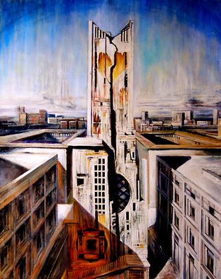Riccardo Rossati: 'The City', 2011 Oil Painting, Surrealism.  Imaginary view of urban center.  ...