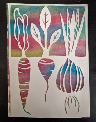 Riley Young: 'root vegetables', 2022 Paper, Farm. Papercut overlay with watercolor painted background. ...