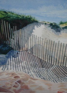 Heather Rippert: 'Lines in the Sand', 2008 Watercolor, Beach.  Sunlight glimmers on the sand, casting shadows between the dune fence. ...