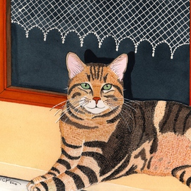Ralph Patrick Artwork Brown Tabby in front of Window, 2014 Watercolor, Cats