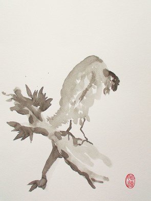 Roberto Prusso: 'Mountain Cuckoo eating a worm', 2010 Ink Painting, Animals.   Original on 140 lb Strathmore paper: brush/ Ink.  Sumi- e. Shin- hanga.    ...