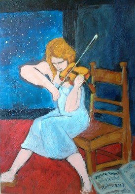 Roberto Trigas: 'molto vivace', 2017 Encaustic Painting, Music. Violinist playing under a starry sky...