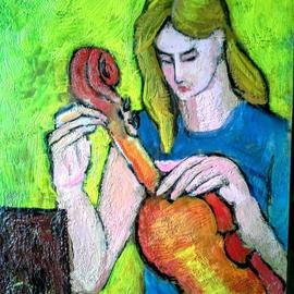 Roberto Trigas: 'tuning in yellow', 2016 Encaustic Painting, Music. Artist Description: Musician tuning the violin on a yellow background...