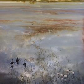 Rod Bax: 'bool lagoon revisited', 2018 Oil Painting, Landscape. Artist Description: a sense of place in the wetlands of south east South Australia ...