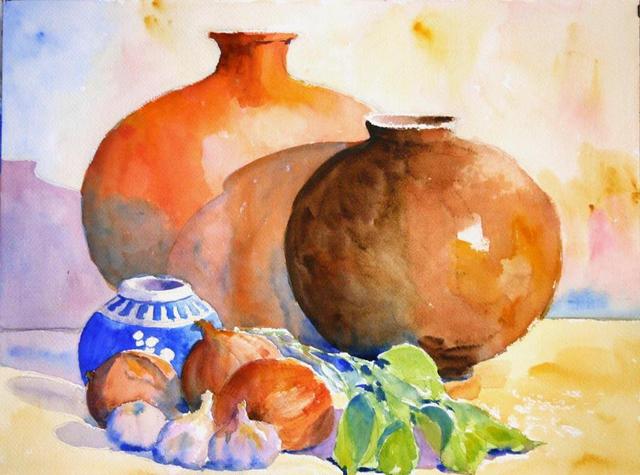 Artist Roderick Brown. 'Still Life With Urns And Garlic' Artwork Image, Created in 2004, Original Watercolor. #art #artist