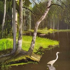 Vera Volkova: 'aspen grove', 2020 Oil Painting, Landscape. Artist Description: Summer landscape with bird. Thicket of forest with lake. Leningrad region. Real place. ...
