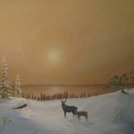 Vera Volkova: 'deer at night', 2014 Oil Painting, Landscape. Artist Description: Deers at night. ...