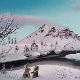 Vera Volkova: 'snowy winter', 2020 Oil Painting, Landscape. Artist Description: Snowy winter. A conversation between two bear cubs. ...