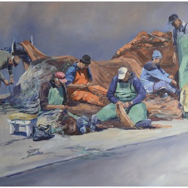Roman Markov Artwork Fishermen inspect tackles, Portugal, 2013 Acrylic Painting, Marine