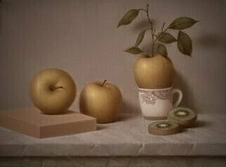 Ronald Weisberg: 'golden apples', 2012 Oil Painting, Still Life. Dutch inspired, golden apples, green leaves, kiwifruit, marble, table, decorative cup, ...