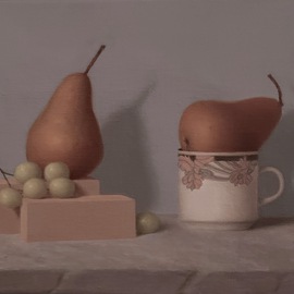 Ronald Weisberg: 'pear 2', 2017 Oil Painting, Still Life. Artist Description: grapes, pear, tea cup, soft colors, blocks, marble...