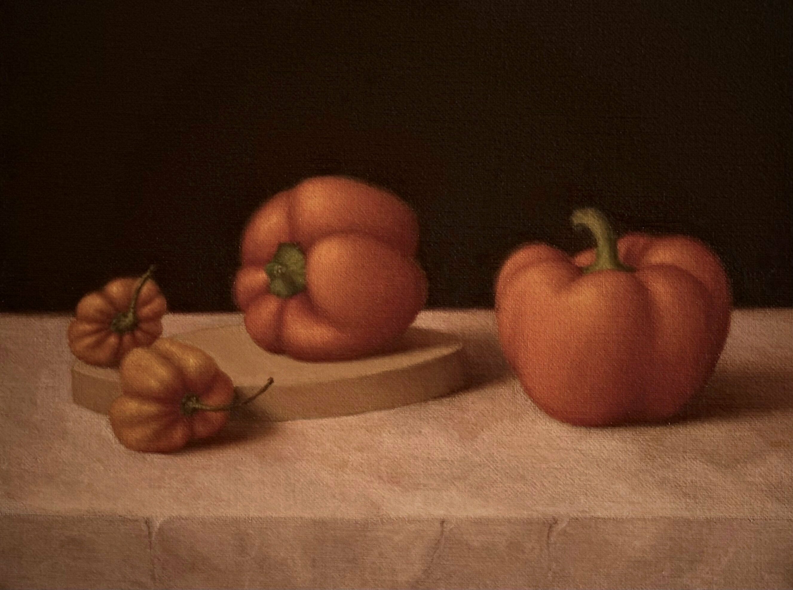 Ronald Weisberg: 'peppers', 2018 Oil Painting, Still Life. Painted in the classical technique with many thin layers of color, then glazes. ...
