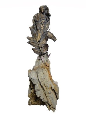 Rose Vassilev: 'soft magic of positive energy', 2020 Bronze Sculpture, Surrealism. A humble magical being that is one with natur and has a horse behind it as support, which symbolizes freedom, strength and loyalty.  Original unikat bronze sculpture on spring water stone with natural crystals and 24 carat gold plating. ...