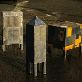 Reiner Poser: 'Three cases in lead', 2008 Mixed Media Sculpture, Abstract. Artist Description:  There are three cases made in wood and covered with lead sheets. Each of them has is own mould. There is for example one tower- like, the second is like an upright book and the third looks like a home altar. . . Wath the video under: