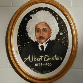 Cathy Dobson: 'Albert Einstein', 2006 Oil Painting, Portrait. Artist Description: Phosphorescent quote wraps arond- Imagination is more Important than Knowledge - A.  Einstein the portrait on oval canvas.  Illuminated oil painting. ...