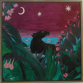 Cathy Dobson: 'Midnight Panther', 1994 Oil Painting, Cats. Artist Description:   In The Wild Marijuana Collection. Spotted black panther. Partly primed and unprimed linen canvas....