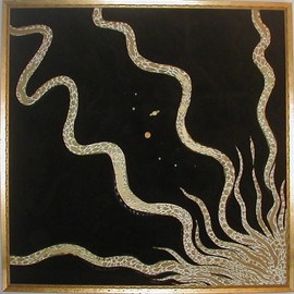 Cathy Dobson: 'The Solar System', 1994 Oil Painting, Cosmic. Artist Description:   Cosmic Collection.Illuminated Sun glows in the dark or under black lights. Black on Black textured outer space. Partly primed and unprimed linen canvas....