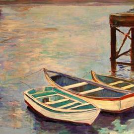 Roz Zinns: 'Open Channel', 2006 Acrylic Painting, Marine. Artist Description: Beautiful reflective water with rowboats and a dock...