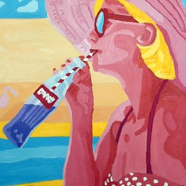 Randall Steinke: 'woman with bottle', 2022 Oil Painting, Abstract Figurative. Artist Description: Woman in red sipping from a bottle in a red polka dot bikini in a contemporary figurative fauvistcoloriststyle...