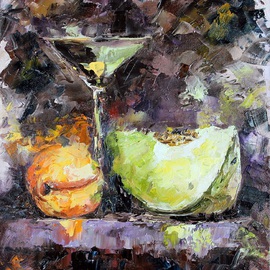 Elena Zorina: 'Fruit duo', 2015 Oil Painting, Still Life. Artist Description:  peaches, melon, fruit, glass, chocolate, still life, sweet melon, impressionism ...