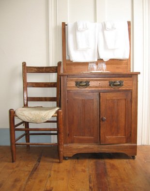 Ruth Zachary: 'Americana', 2006 Color Photograph, Americana.  Antique oak bureau and chair, contrasting brass drawer pulls, glasses and towels.  Charming interior or the Victorian Monhegan House Hotel, Monhegan Island, Maine.  5 x 7