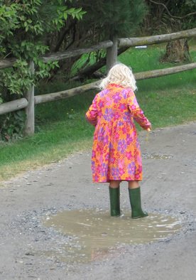 Ruth Zachary: 'Puddle Girl', 2012 Color Photograph, Children. Little girl, blond curls, flowery red dress, tall green boots and a puddle! Made for each other! Larger size available ( 11 x 14, $98) .   ...