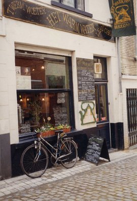 Ruth Zachary: 'Stopping For Soup', 1996 Color Photograph, Cityscape.  Charming storefront of cafe, leaning bicycle.   Brussels, Belgium. Welcoming you to warm up and have some lunch. Romantic, very European. 11 X 14