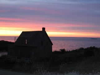 Ruth Zachary: 'Uncle Henrys Sunset Sky', 2012 Color Photograph, Sky. Sunset sky in lilacs, lavenders, blues, pinks and yellows. Reflected pink in the indigo sea and peeking through the cottage window. Cottage and landscape in shadow. Monhegan Island, Maine.  Larger size available, 11 x 14, $98. ...