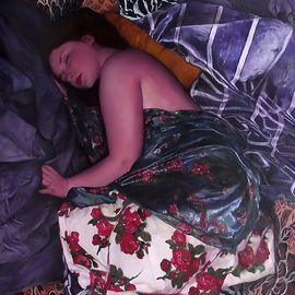 Safir Art: 'Rosa sleeping', 2020 Oil Painting, Portrait. Artist Description: This work was inspired by the art of Gustave Klimt.  The painting depicts a young woman in a state of undress, sleeping half curled on one side between sheets and blankets.  Her bedroom posture and serenely figure suggest a dreamlike atmosphere of an erotic boudoir linked to Gustave ...