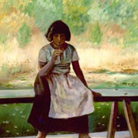 Sally Arroyo: 'Early American Girl', 2015 Oil Painting, Portrait. Artist Description:  SOLITARY  PEASANT GIRL, SITTING ON A BENCH OUTDOOR MEADOW IN BACKGROUND. THOUGHTFUL , PENSIVE, REMINISCING. Size 16