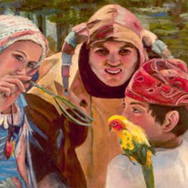 Sally Arroyo: 'RENAISSANCE TRIO WITH BABY PARROT ', 2015 Oil Painting, People. Artist Description:  COLORFUL COSTUMED CHARACTERS  ENGAGED  IN YOUNG BOY WITH PARROT ON SHOULDER, YOUNG WOMAN TEASING PARROT WITH TWIG BASED ON RENAISSANCE FAIR IN LAKE TAHOE FOREST, COURT JESTER ONLOOKING THE ENCOUNTER.  Size 24