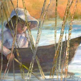 Sally Arroyo: 'TROLLING', 2015 Oil Painting, Portrait. Artist Description:  BOY IN BOAT, TROLLING IN TALL REEDS CONCENTRATING ON HIS CATCH. Size 24x18   Oil on canvas  Signed by artist COLORS  BACKGROUND SUNSET COLORS, BLUES, SOFT WHITES and GREENS ...
