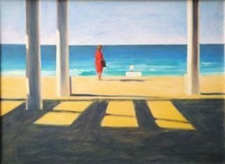 Yoli Salmona: 'Suzy at Maroubra Beach', 1992 Oil Painting, Beach.  A winter day at the beach, and a red dress ...