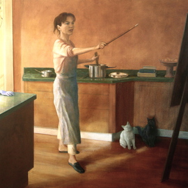Yoli Salmona: ' All hands taken something is cooking', 2004 Oil Painting, Portrait. Artist Description:  A woman' s task. . . This is a self portrait of my daily life, inspired by a small sketch by an unknown Australian artist.My grey cat wouldn' t stay in place, each time I stepped away to photograph her, she followed me. . . So I painted my ...