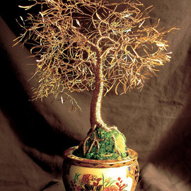 Asian Gold Leaves, Wire Tree Sculpture  By Sal Villano