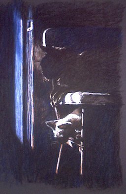 Sallyann Mickel: 'George and the Siamese Kitten', 2005 Pastel, Animals.  Two cats sitting on a kitchen stool by a door ...